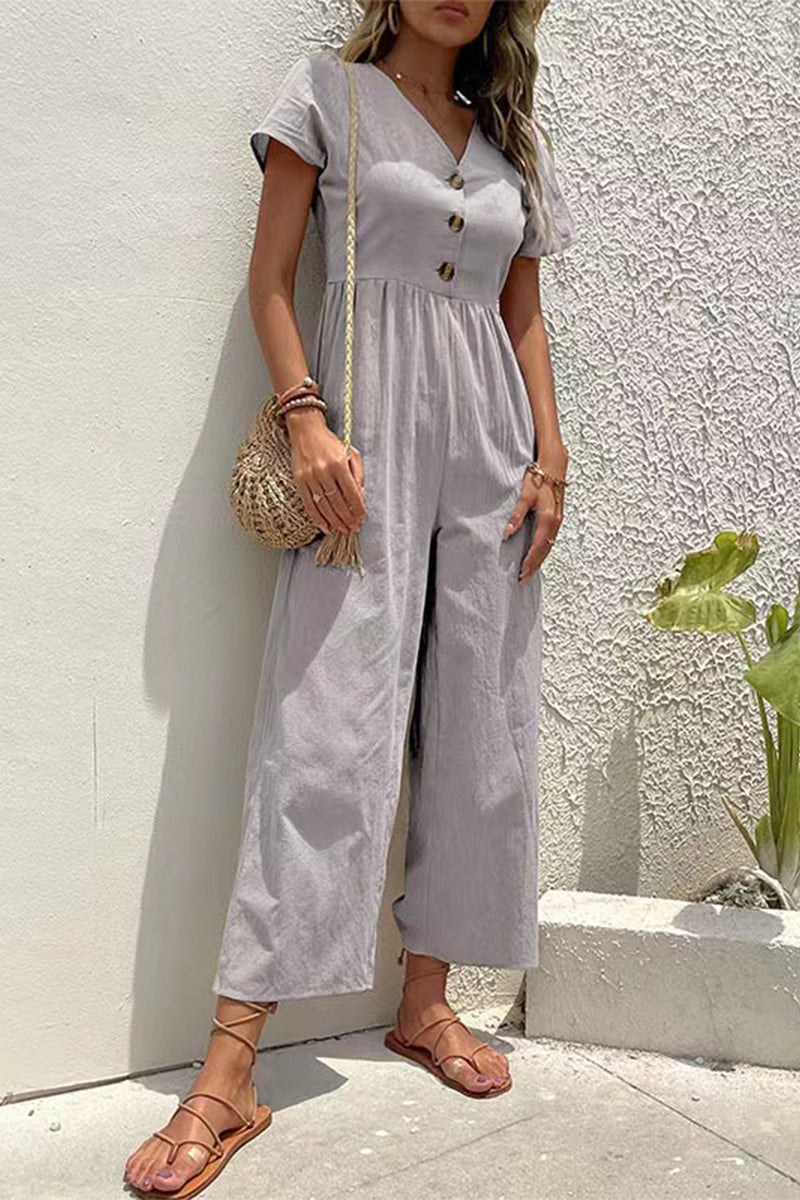 Kaynafashions - Casual Solid Buttons V Neck Loose Jumpsuits(5 Colors)