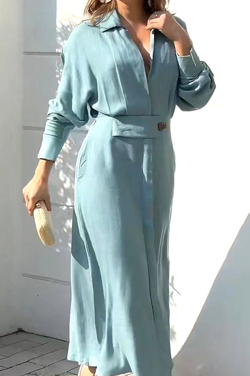 Kaynafashions - Casual Solid Patchwork Turndown Collar Shirt Dress Dresses