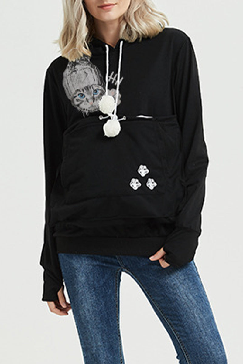 Kaynafashions - Casual Print Pocket Hooded Collar Tops