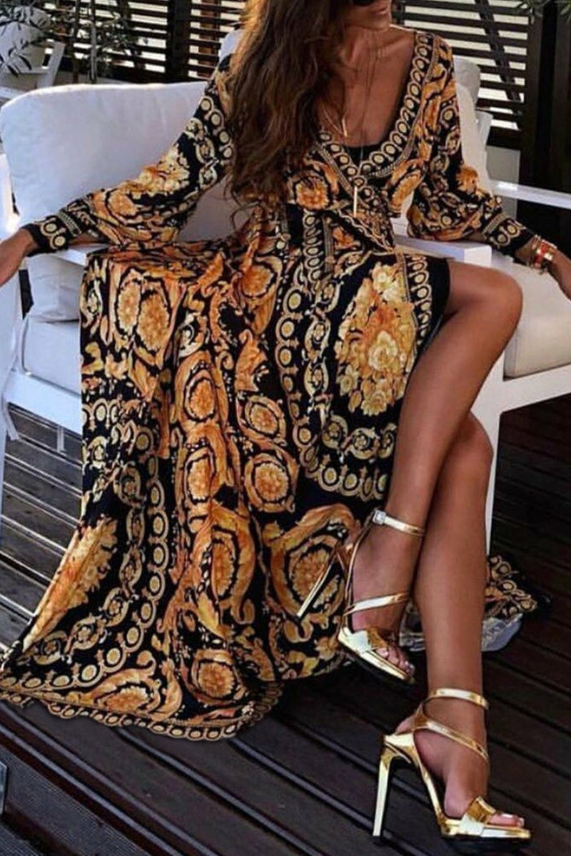 Kaynafashions - Bohemian Print Patchwork With Belt V Neck Printed Dress Dresses