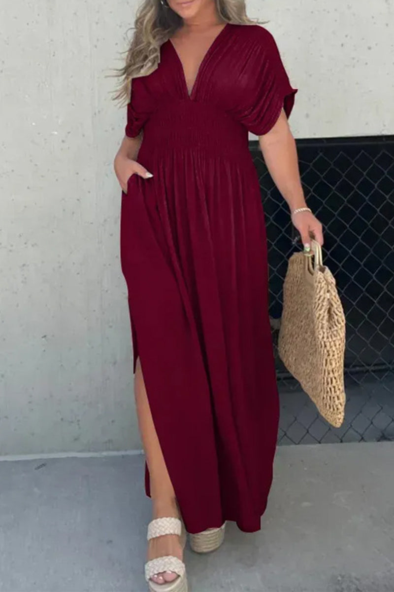 Kaynafashions - Casual Simplicity Solid Pocket V Neck A Line Short Sleeve Dress