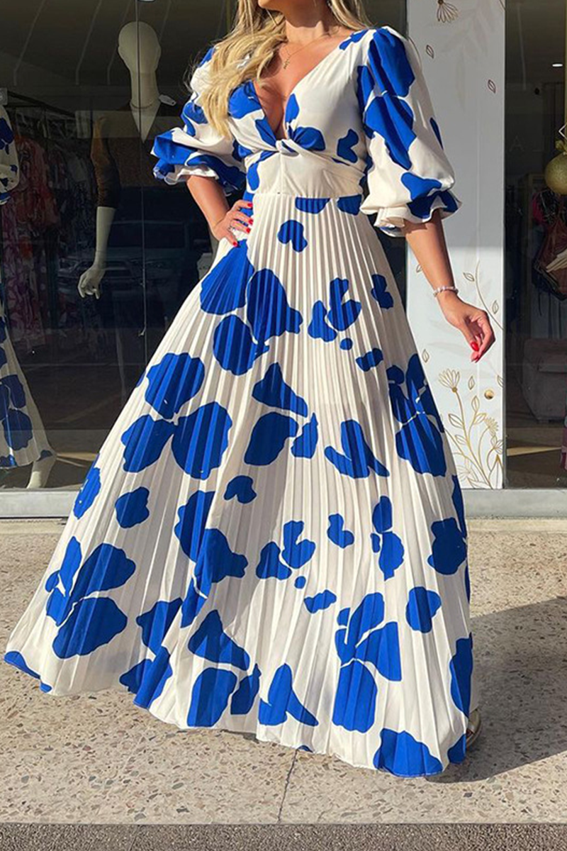 Kaynafashions - Elegant Geometric Printing V Neck A Line Dresses