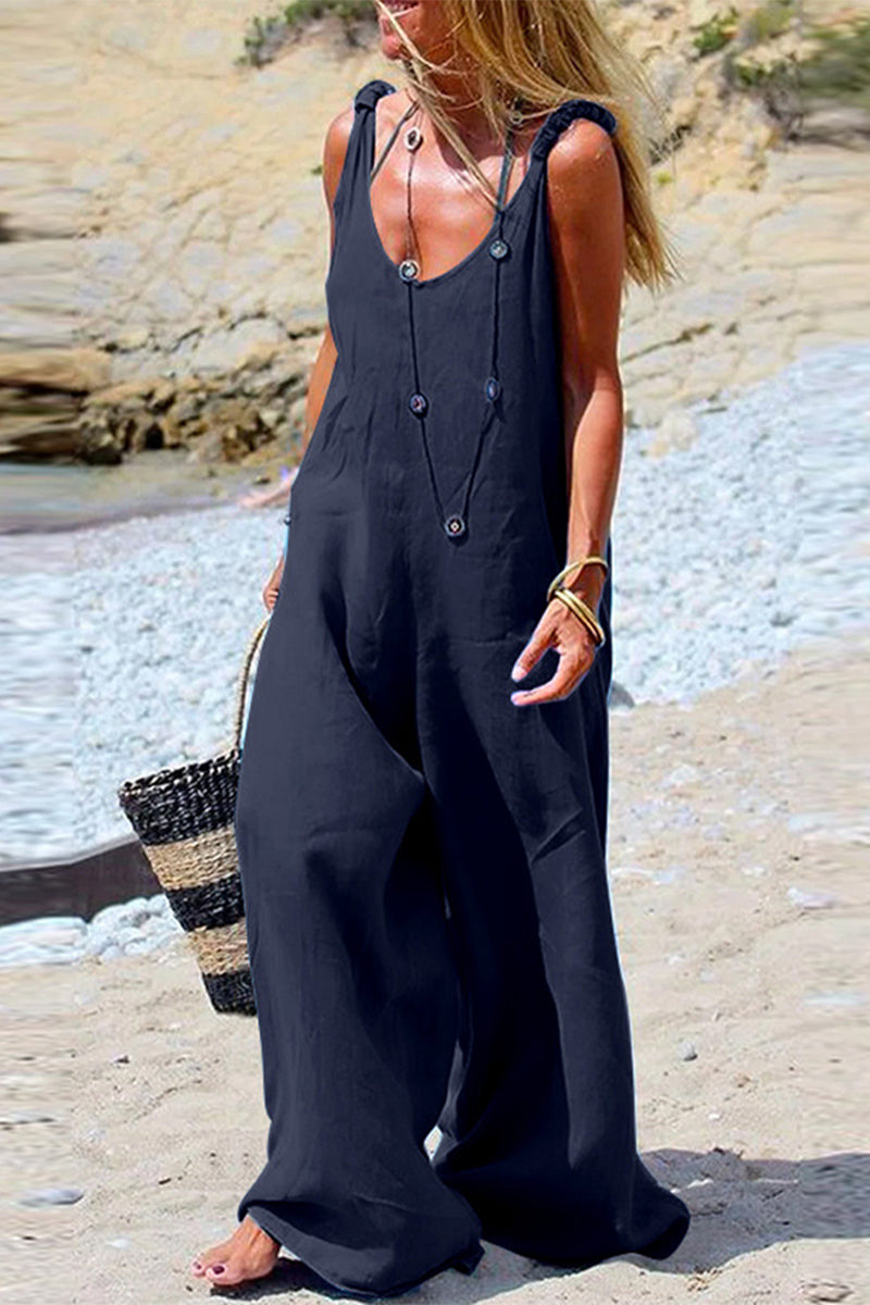 Kaynafashions - Casual Solid Patchwork V Neck Loose Jumpsuits(3 Colors)