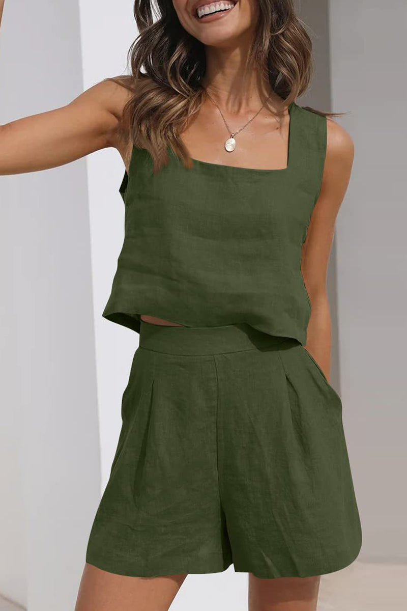 Kaynafashions - Casual Simplicity Solid Pocket Square Collar Sleeveless Two Pieces(16 Colors)