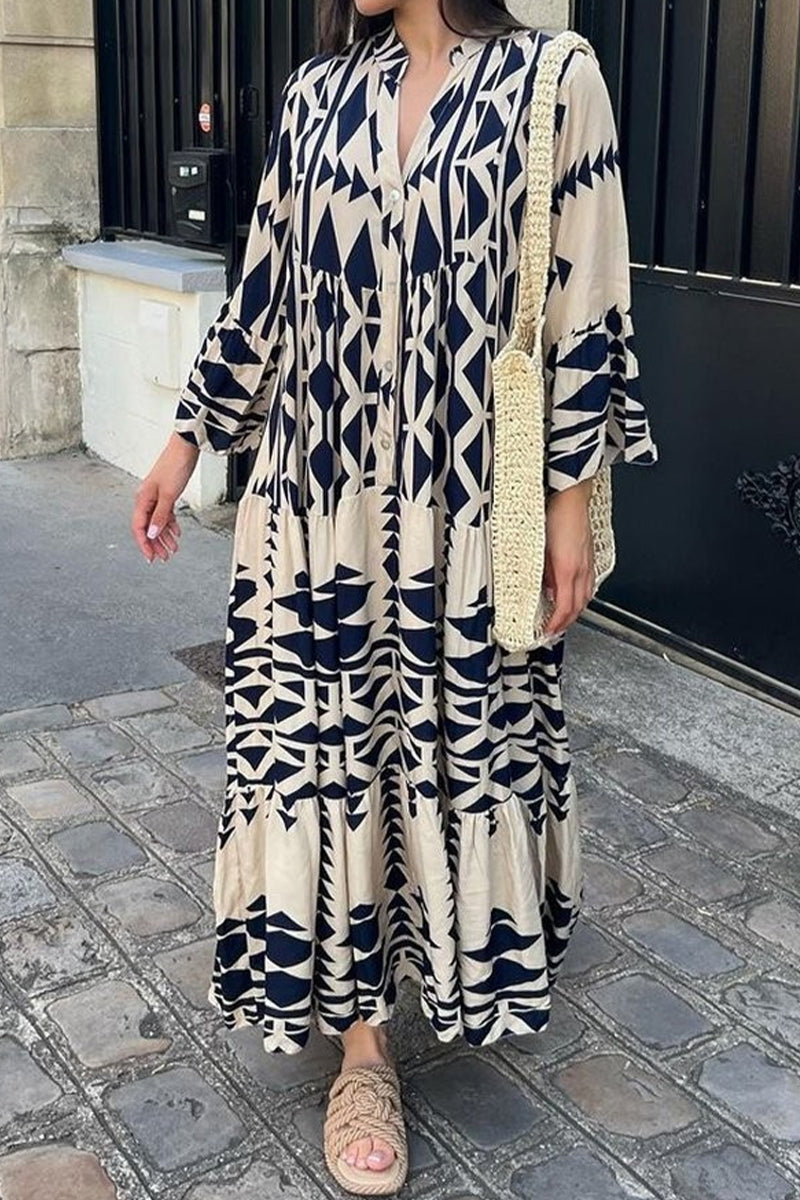 Kaynafashions - Casual Elegant Geometric Print Patchwork O Neck Printed Dress Dresses