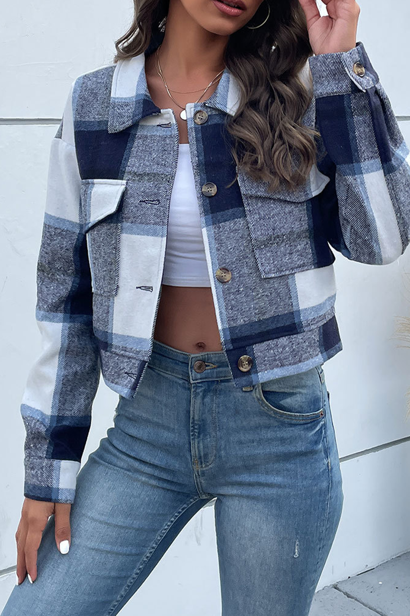 Kaynafashions - Street Plaid Patchwork Turndown Collar Tops(4 Colors)