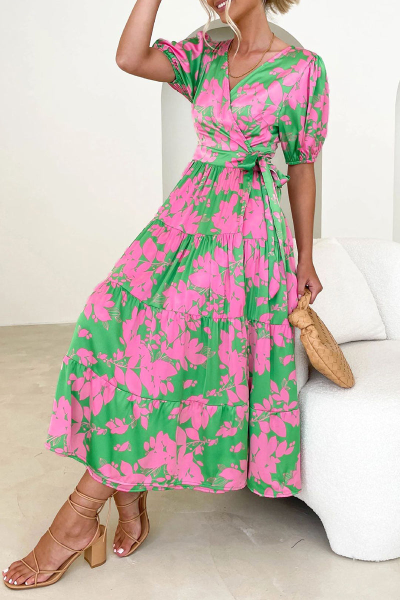 Kaynafashions - Elegant Floral Patchwork V Neck A Line Dresses