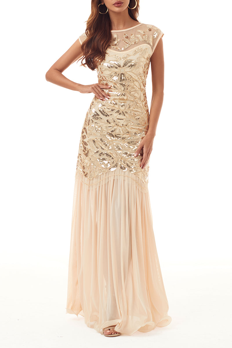 Kaynafashions - Elegant Formal Patchwork Sequins Beading Zipper O Neck Evening Dress Dresses