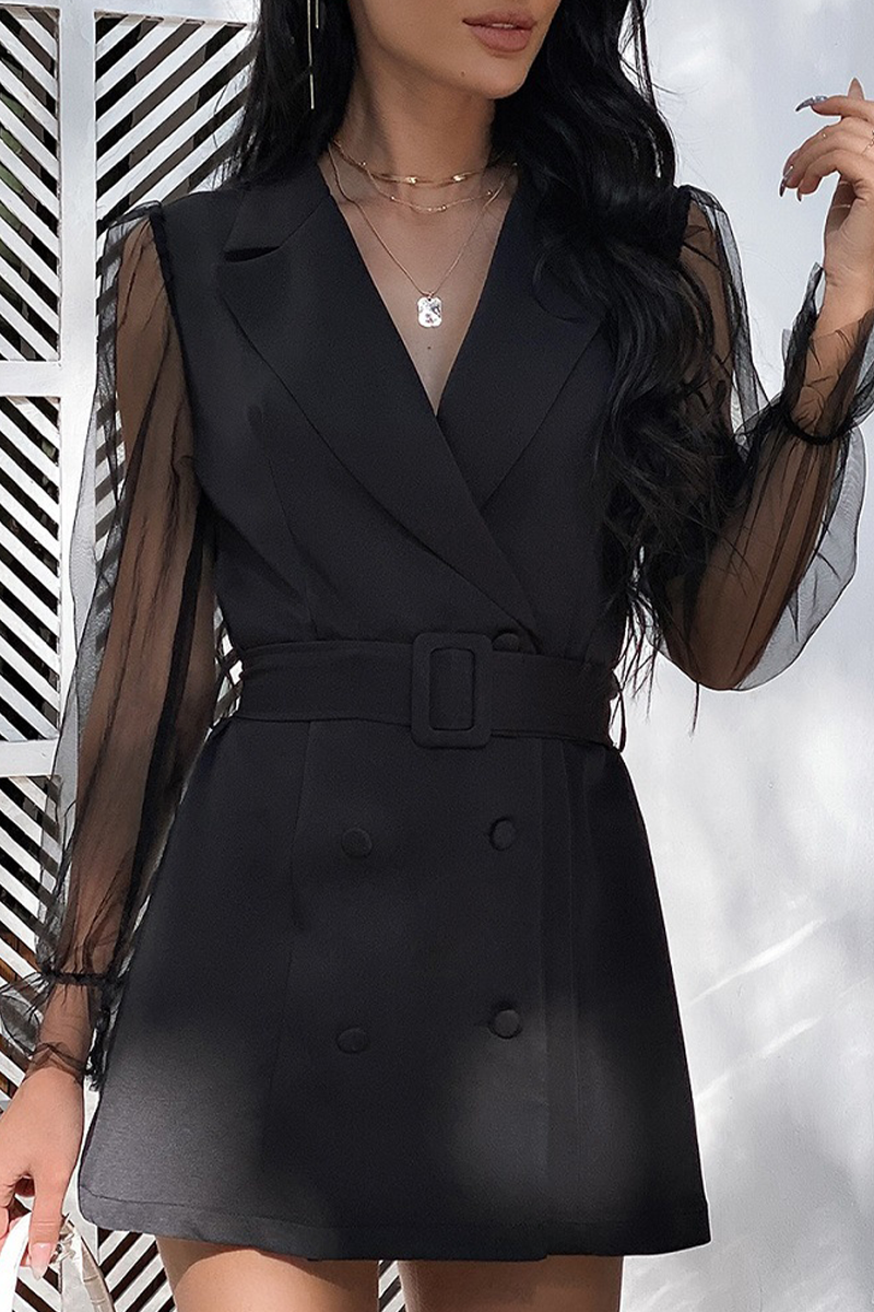 Kaynafashions - Fashion Elegant Solid See-through Turndown Collar A Line Dresses(4 colors)