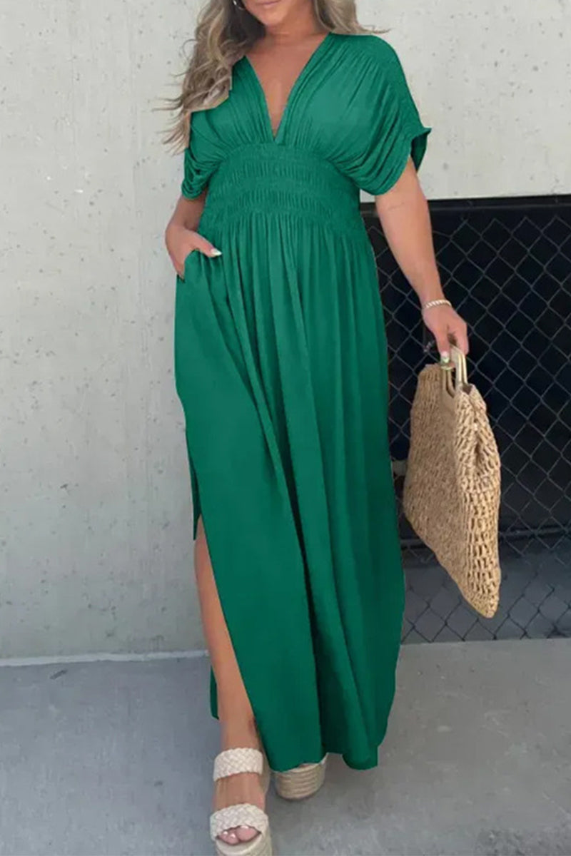 Kaynafashions - Casual Simplicity Solid Pocket V Neck A Line Short Sleeve Dress