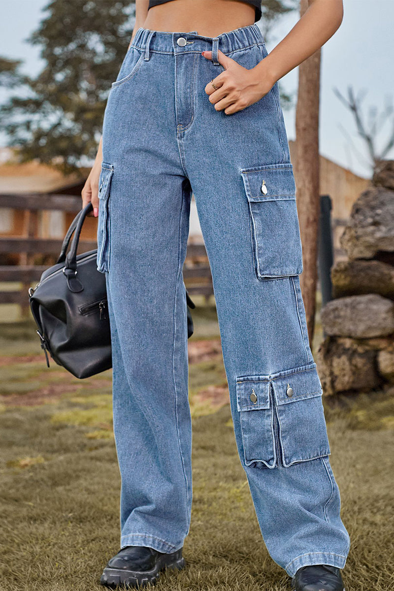 Kaynafashions - Street Solid Pocket Mid Waist Loose Denim Jeans