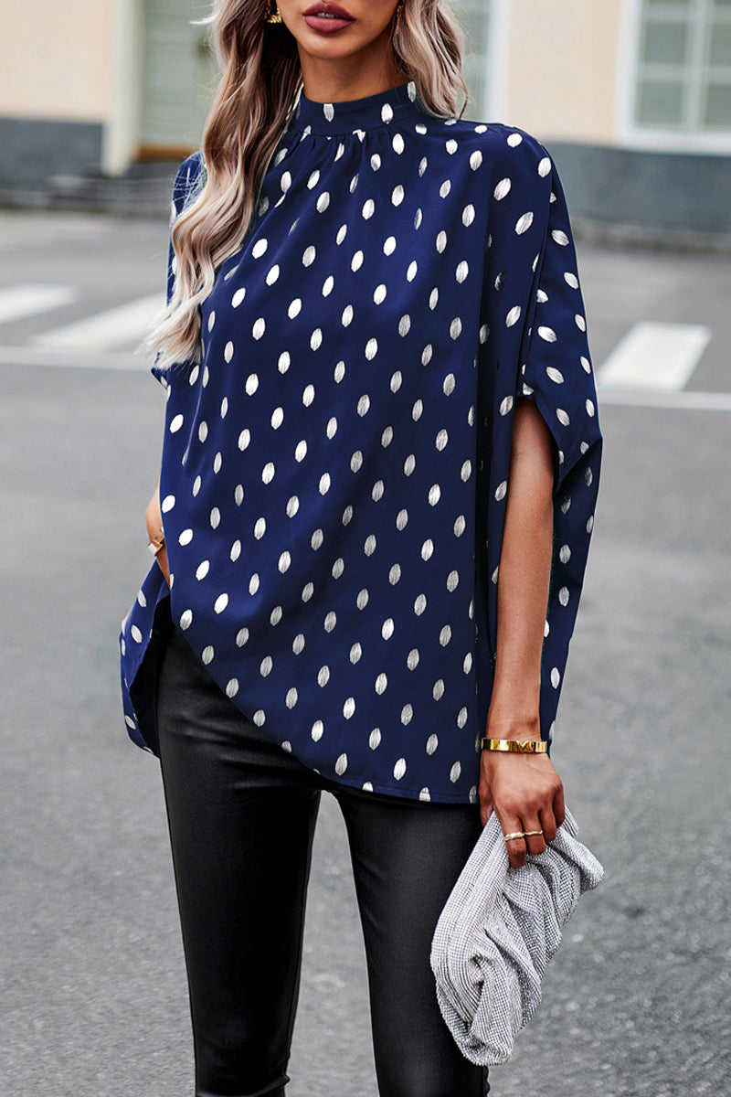 Kaynafashions - British Style Elegant Polka Dot Bandage Mandarin Collar Tops
