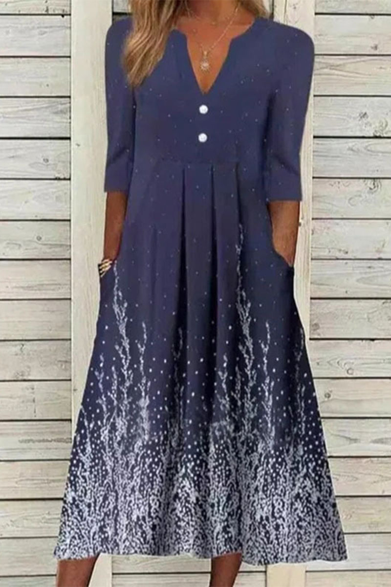 Kaynafashions - Casual Print Printing V Neck A Line Dresses(5 Colors)