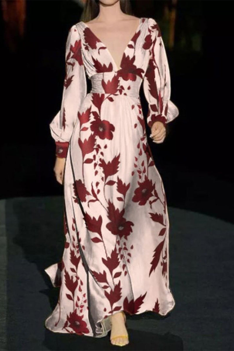 Kaynafashions - Elegant Floral Patchwork V Neck Printed Dress Dresses