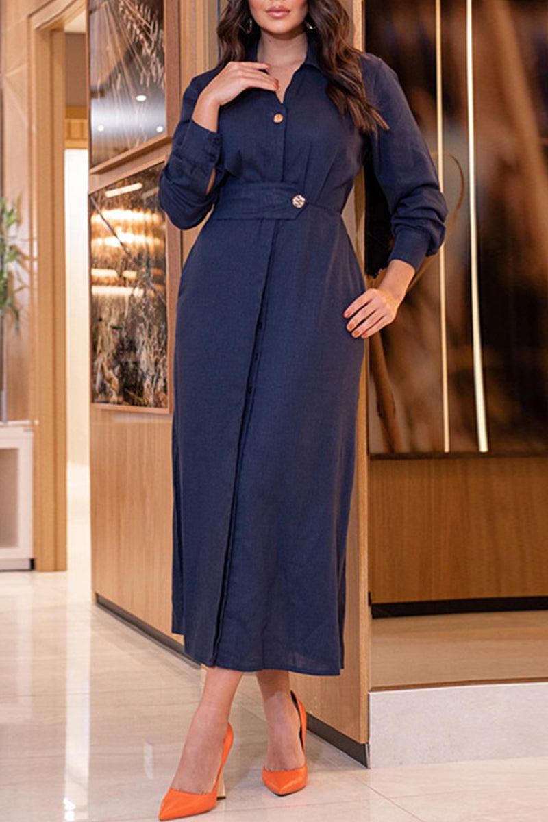 Kaynafashions - Elegant Solid Buttons Turndown Collar A Line Dresses