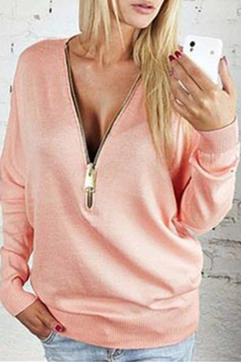 Kaynafashions - Casual Solid Zipper V Neck Tops