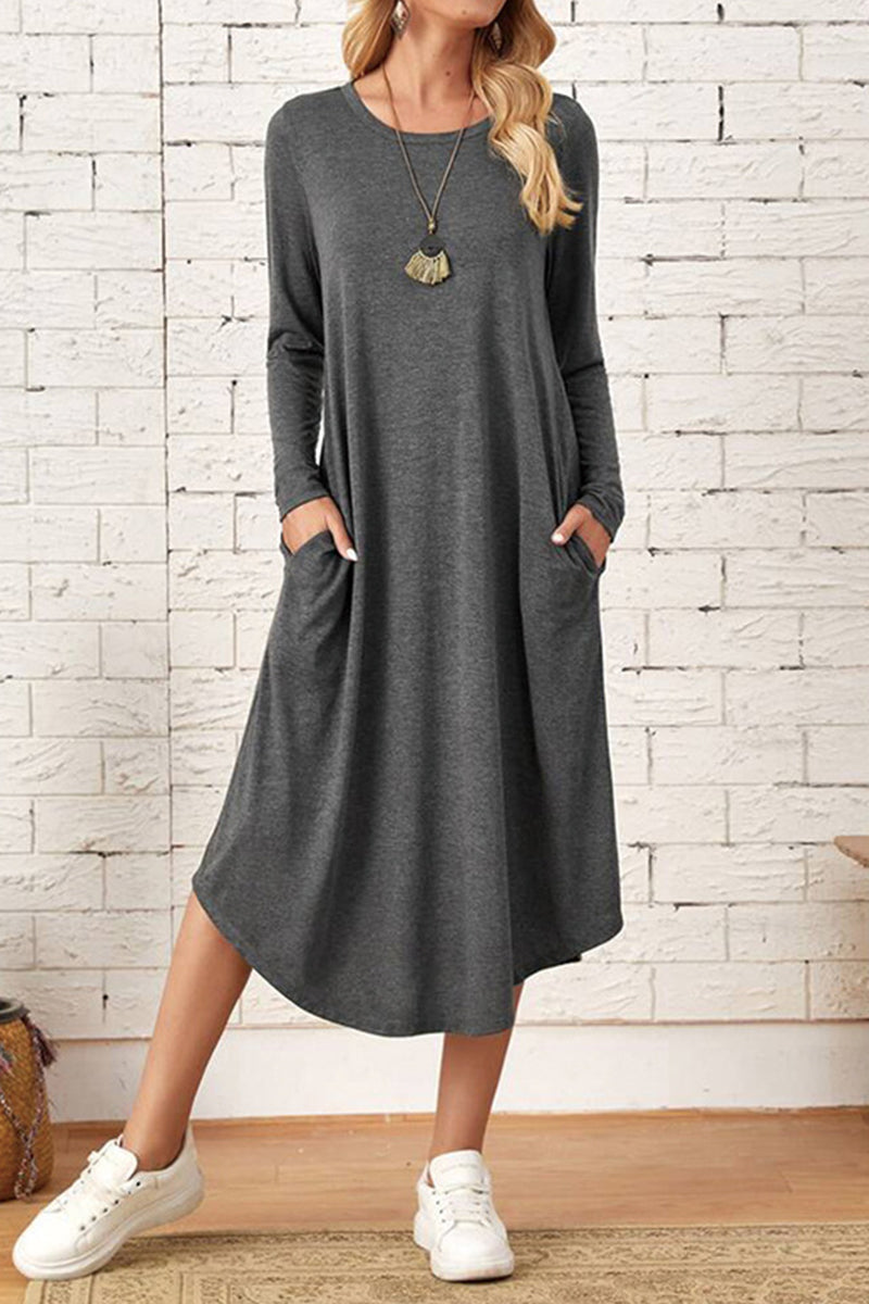 Kaynafashions - Casual Simplicity Solid Pocket O Neck Long Sleeve Dresses(6 Colors)