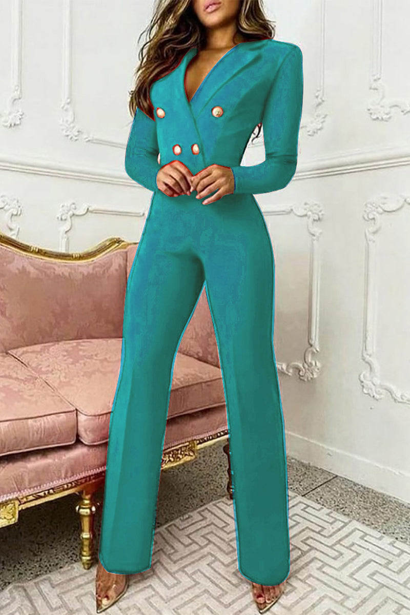 Kaynafashions - Elegant Solid Buttons Turn-back Collar Regular Jumpsuits(4 Colors)