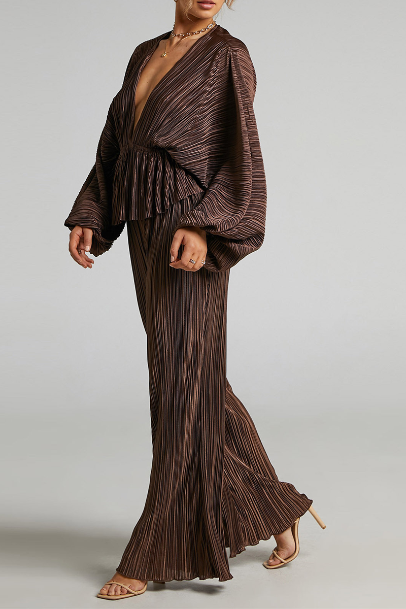 Kaynafashions - Casual Solid Fold V Neck Long Sleeve Two Pieces