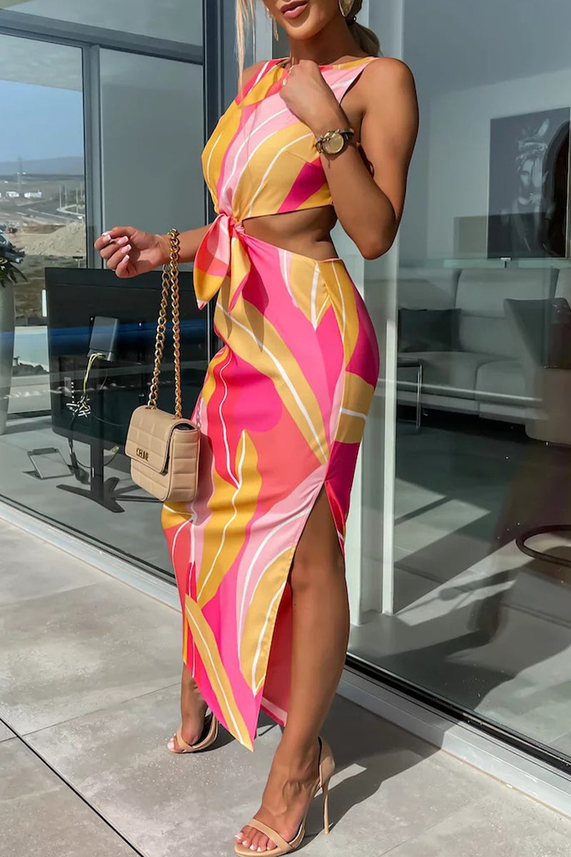 Kaynafashions - Sexy Celebrities Geometric Print Backless Slit O Neck A Line Dresses