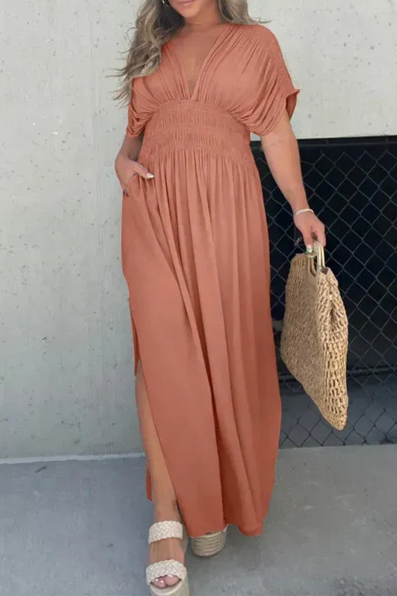 Kaynafashions - Casual Simplicity Solid Pocket V Neck A Line Short Sleeve Dress