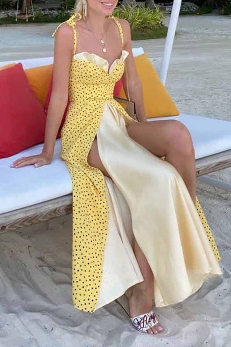 Kaynafashions - Elegant Print Solid Patchwork Slit V Neck A Line Dresses