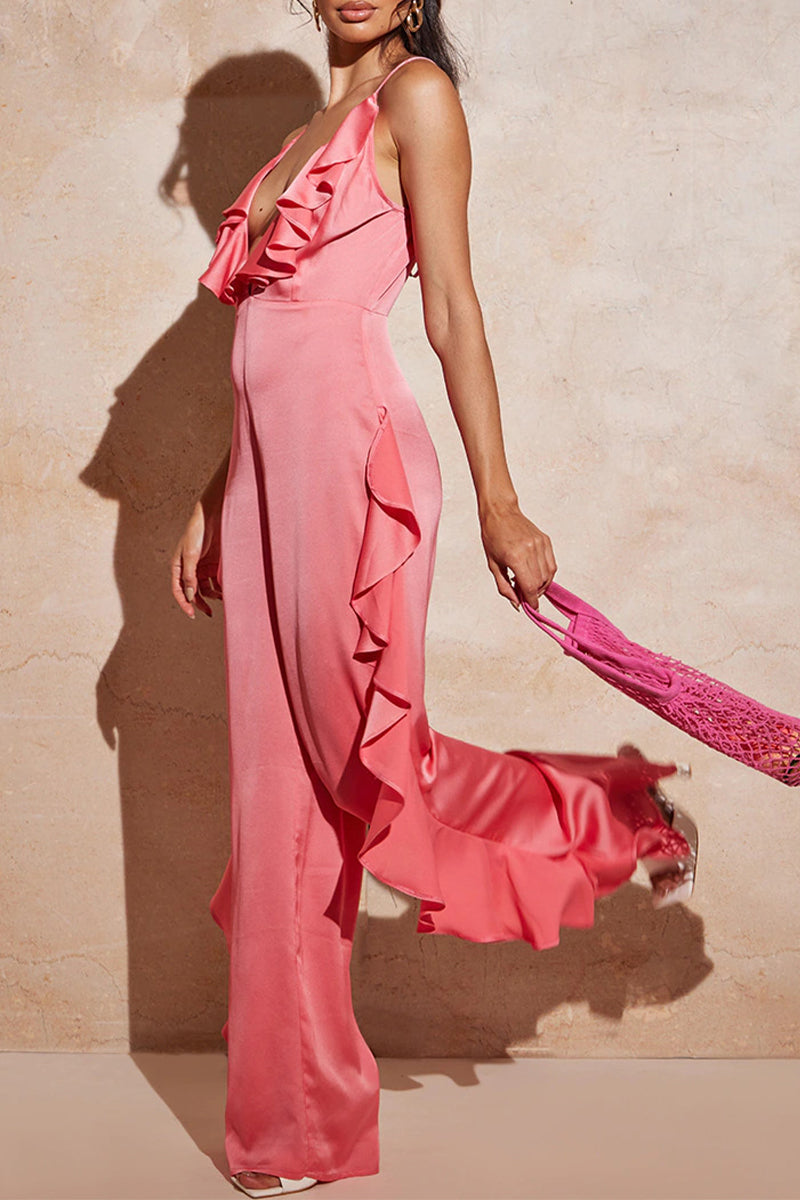 Kaynafashions - Sexy Casual Solid Backless Flounce V Neck Loose Jumpsuits