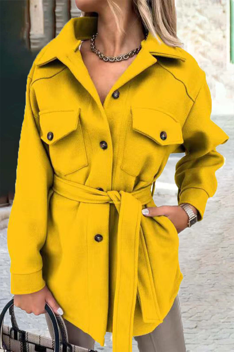 Kaynafashions - Solid With Belt Turn-back Collar Outerwear(8 colors)