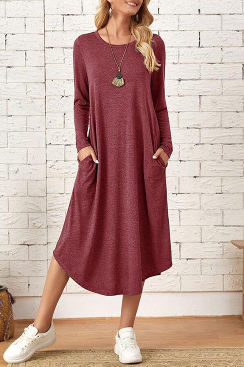 Kaynafashions - Casual Simplicity Solid Pocket O Neck Long Sleeve Dresses(6 Colors)