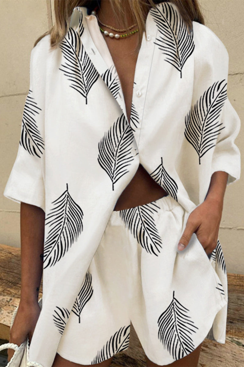 Kaynafashions - Casual Floral Patchwork Turndown Collar Short Sleeve Two Pieces(5 Colors)