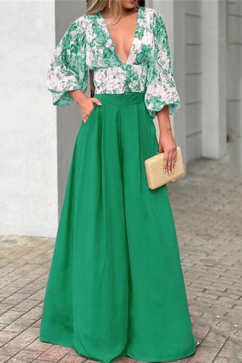 Kaynafashions - Casual Street Print Patchwork V Neck Long Sleeve Two Pieces(5 Colors)