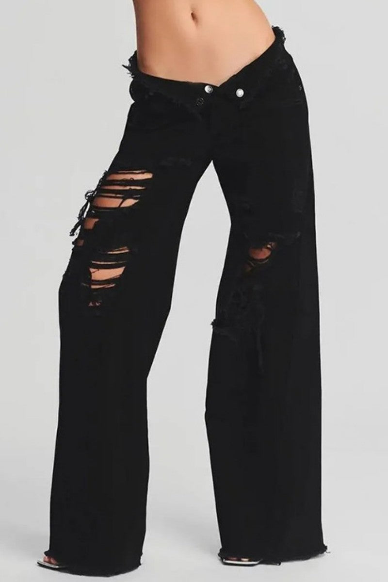 Kaynafashions - Casual Solid Ripped Patchwork Mid Waist Regular Denim Jeans (Subject To The Actual Object)