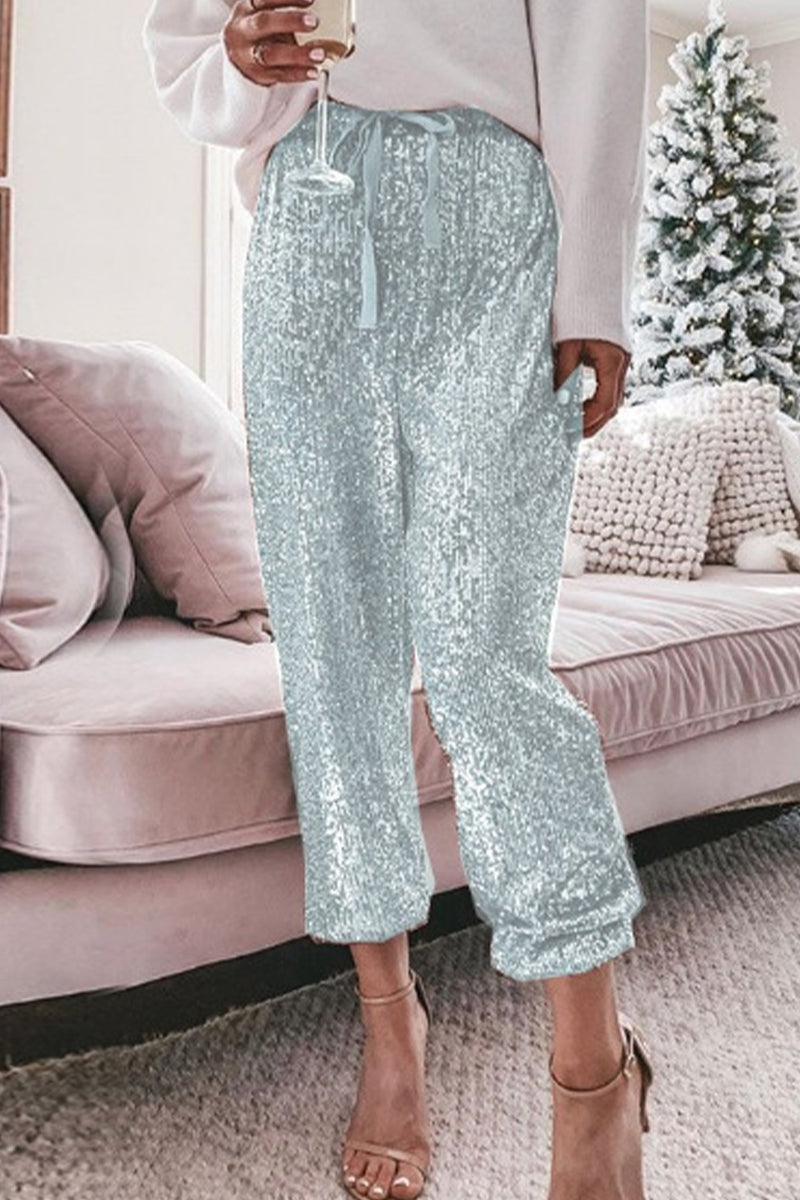 Kaynafashions - Simplicity Solid Sequins Flounce Straight High Waist Harlan Patchwork Bottoms(4 Colors)