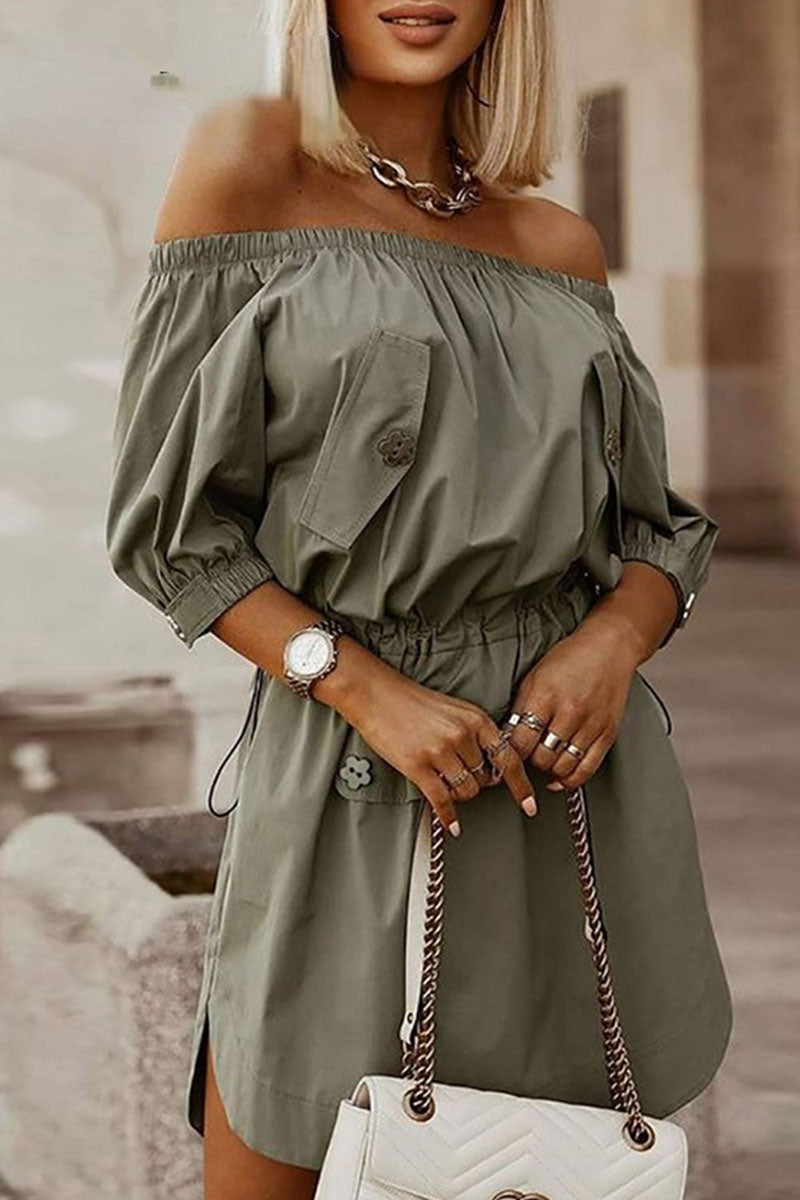 Kaynafashions - Simplicity Solid Draw String Off the Shoulder A Line Dresses