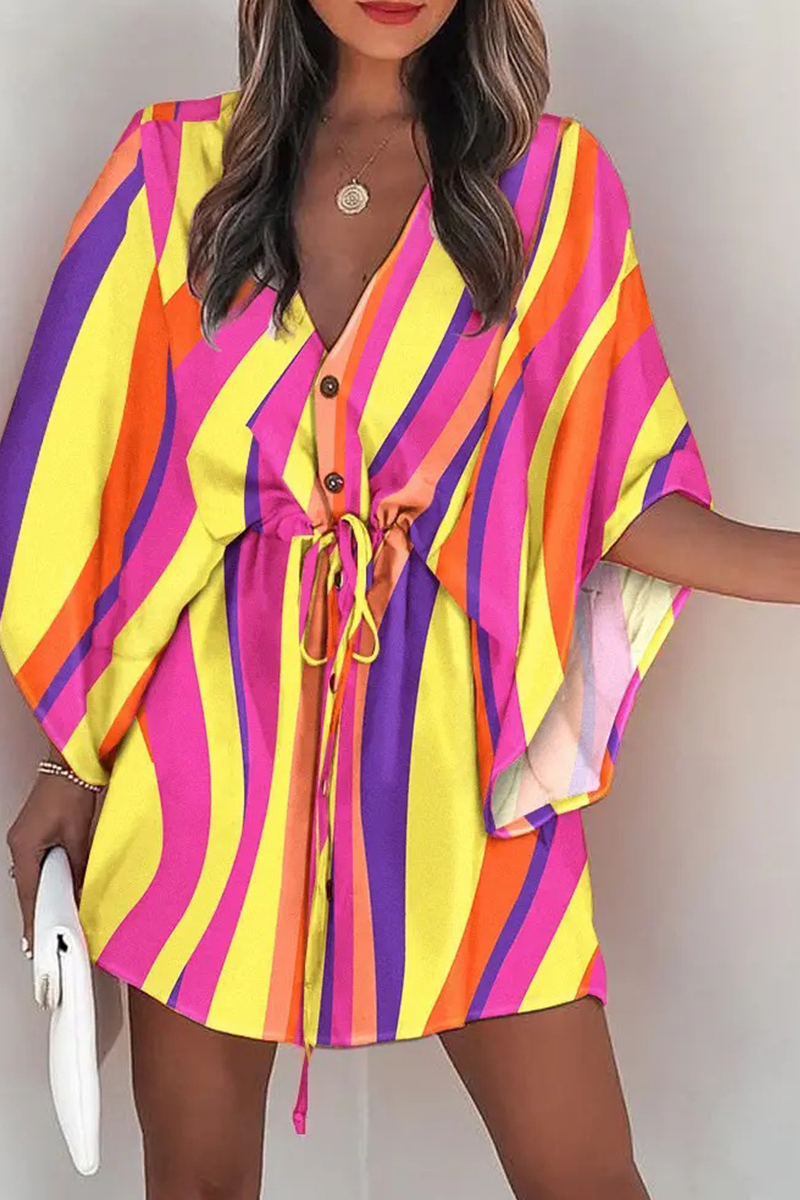 Kaynafashions - Casual Print Patchwork V Neck Waist Skirt Dresses(8 colors)