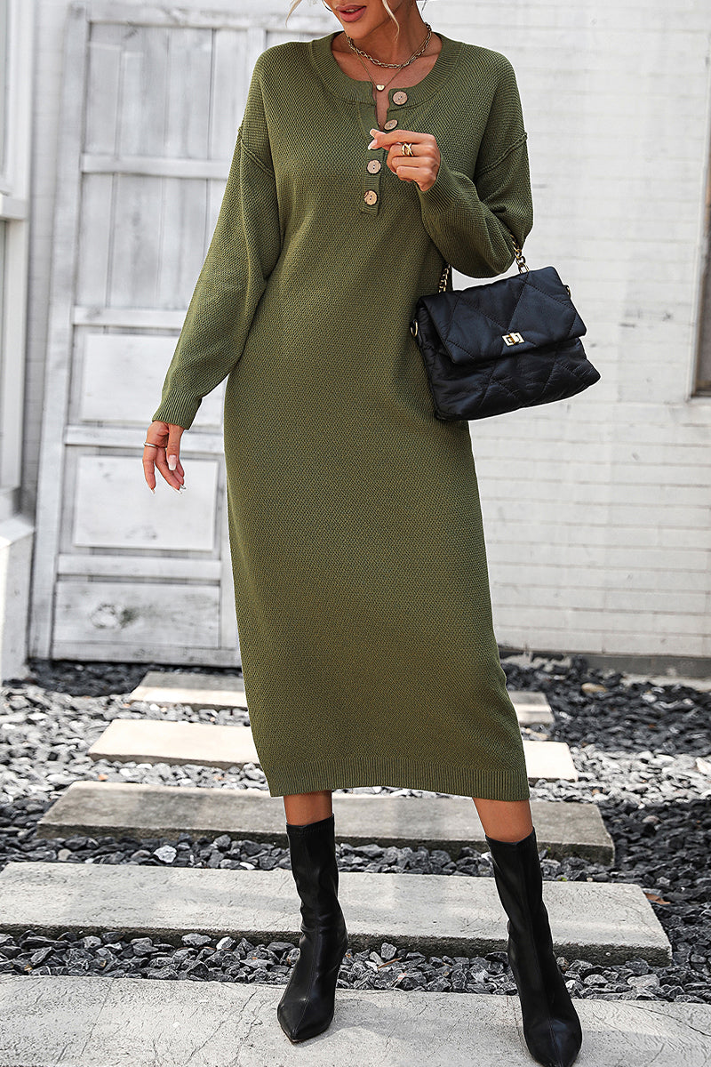 Kaynafashions - Elegant Solid Buckle O Neck Long Sleeve Dresses