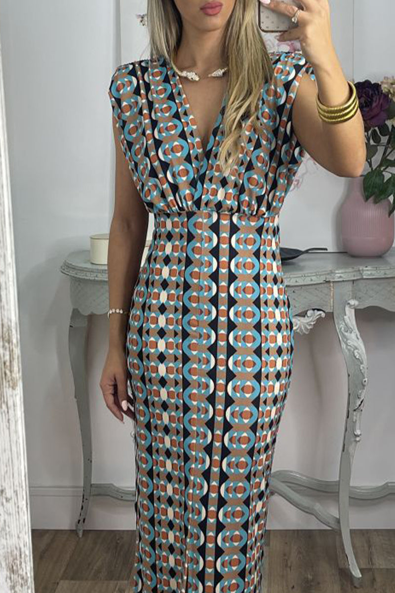 Kaynafashions - Casual Geometric Printing V Neck Sleeveless Dress Dresses