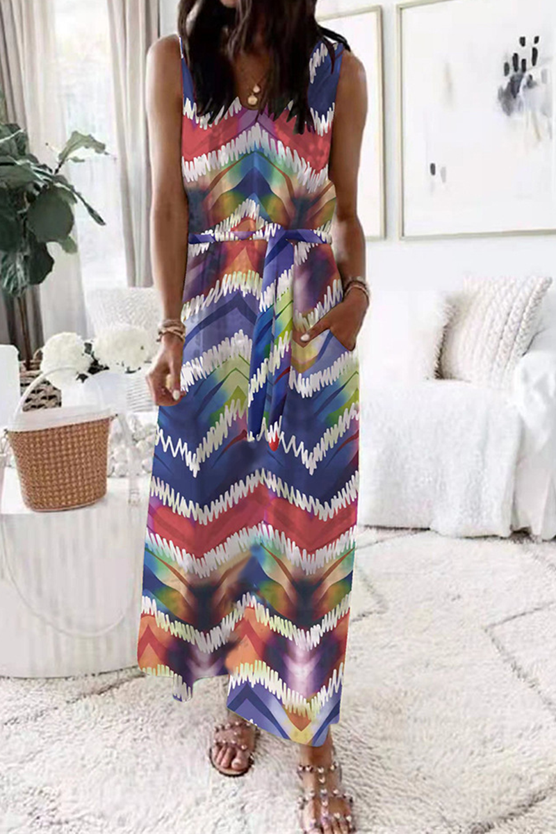 Kaynafashions - Casual Patchwork Tie-dye O Neck Waist Skirt Dresses(5 colors)