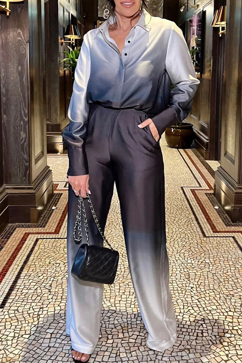 Kaynafashions - Casual Gradual Change Contrast Turndown Collar Long Sleeve Two Pieces(8 Colors)