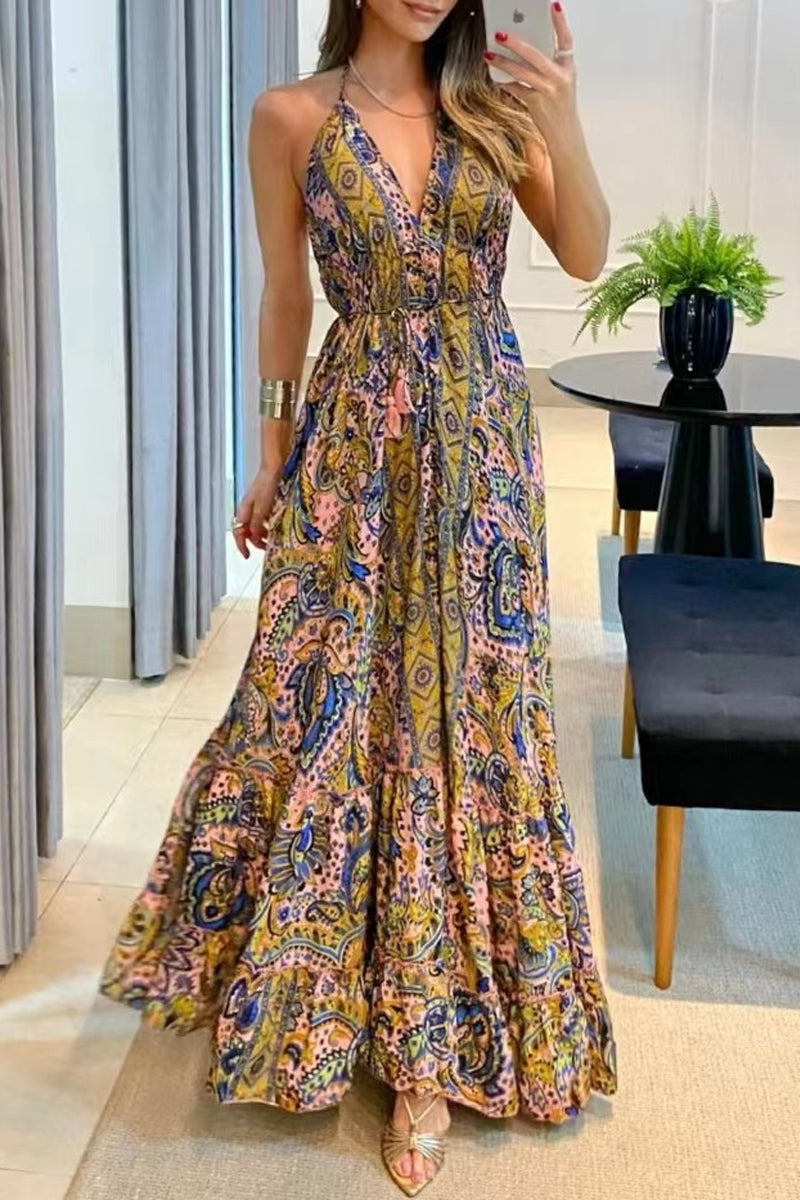 Kaynafashions - Bohemian College National Totem Patchwork V Neck Printed Dress Dresses(7 Colors)