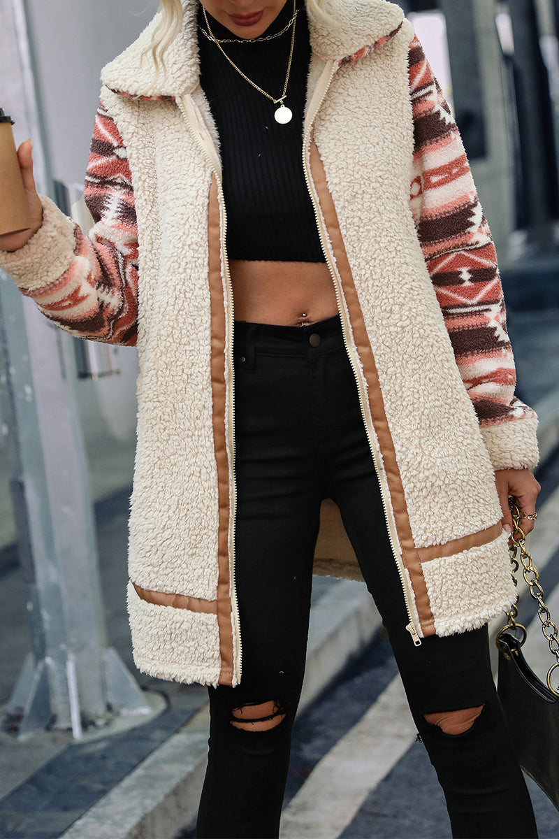 Kaynafashions - Fashion Geometric Patchwork Zipper Turndown Collar Outerwear