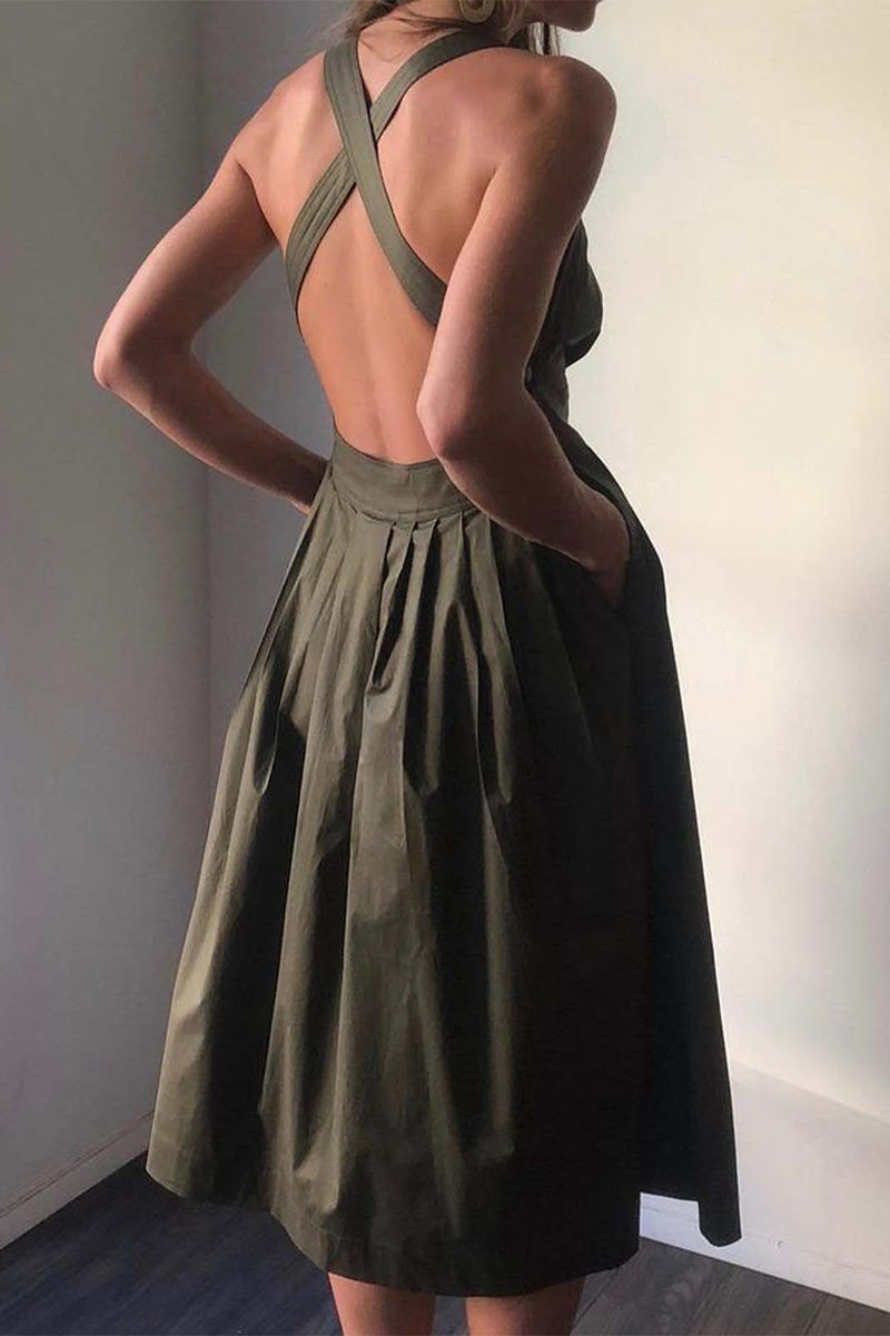 Kaynafashions - Casual Solid Pocket Backless Square Collar A Line Dresses