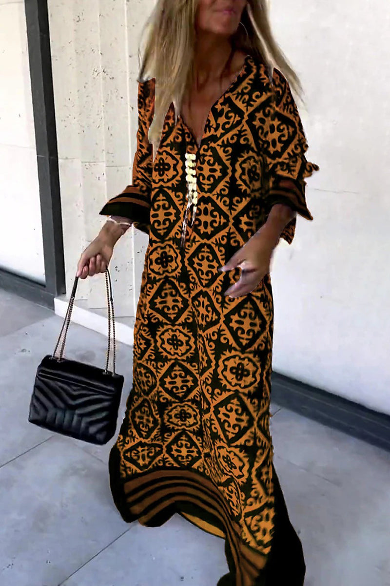 Kaynafashions - Street College Geometric Print Contrast V Neck Printed Dress Dresses(3 Colors)