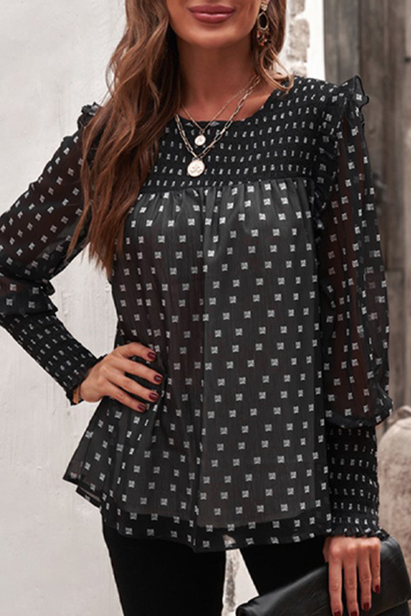 Kaynafashions -  Casual Elegant Print Patchwork Stringy Selvedge O Neck Tops(4 colors)