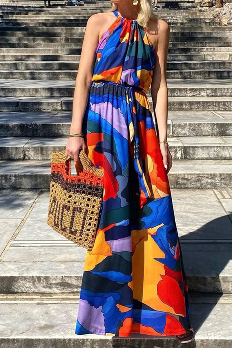 Kaynafashions - Bohemian Elegant Geometric Print Frenulum Halter Sleeveless Dress Dresses