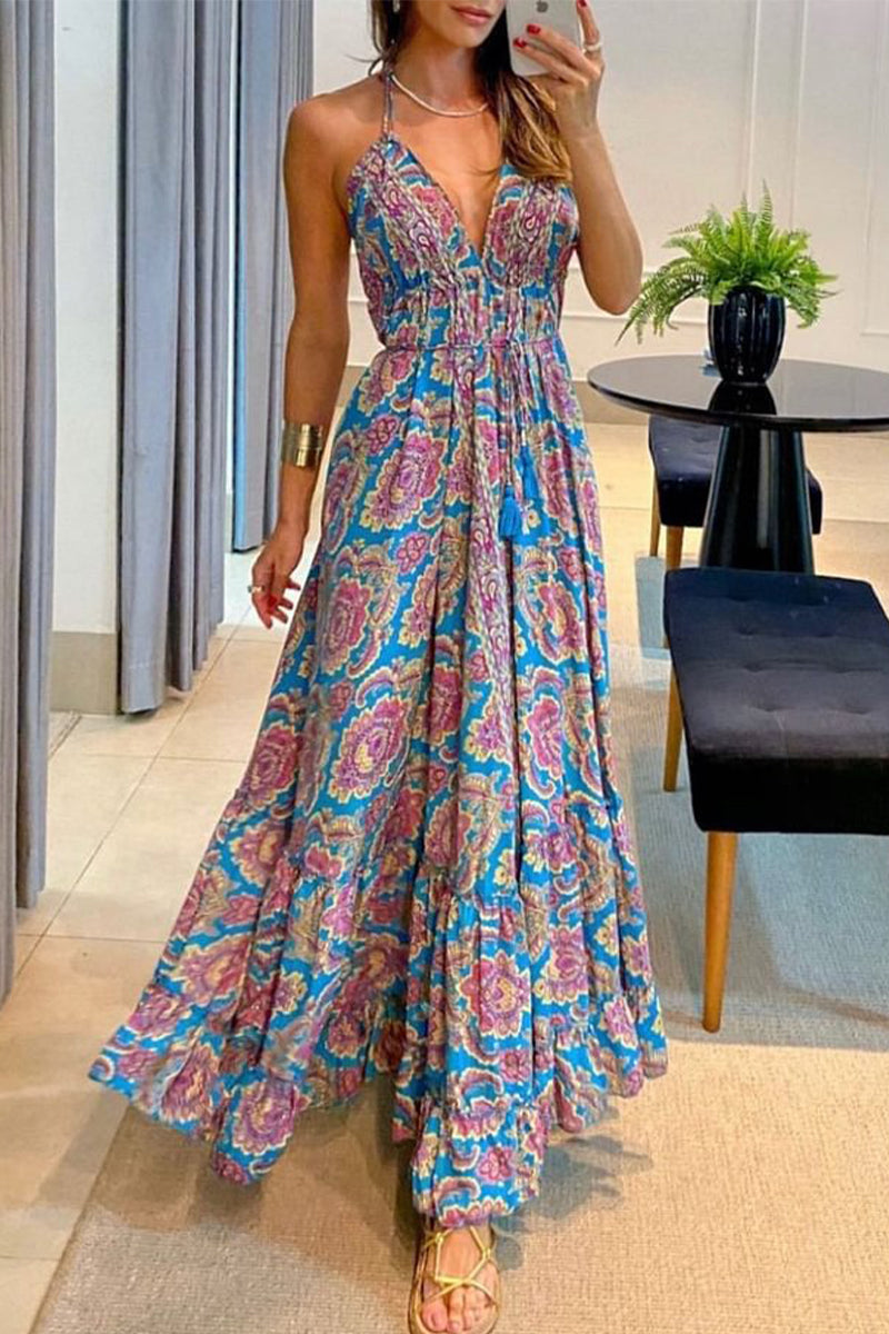 Kaynafashions - Bohemian College National Totem Patchwork V Neck Printed Dress Dresses(7 Colors)