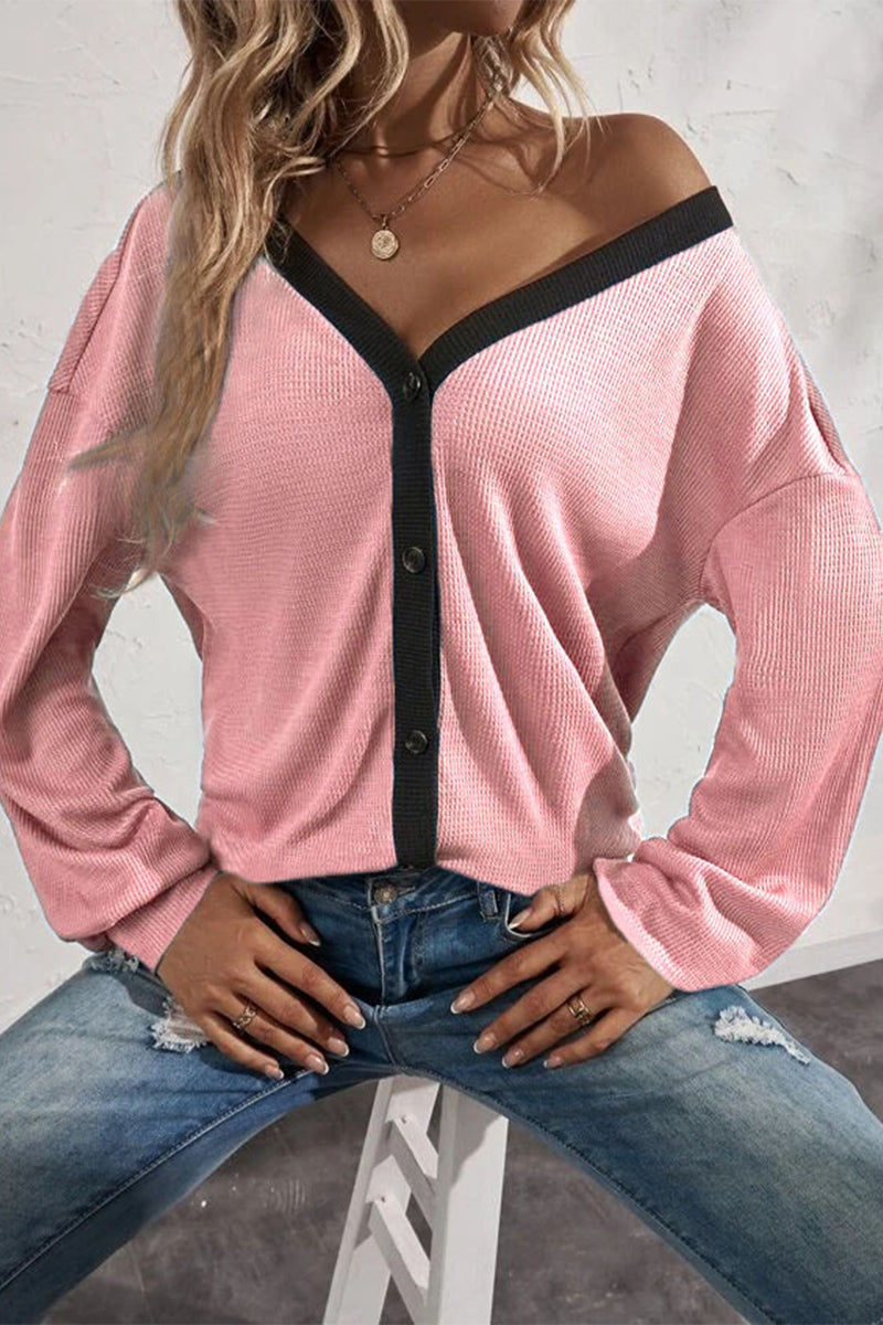 Kaynafashions - Casual Solid Patchwork Buttons V Neck T-Shirts(7 Colors)