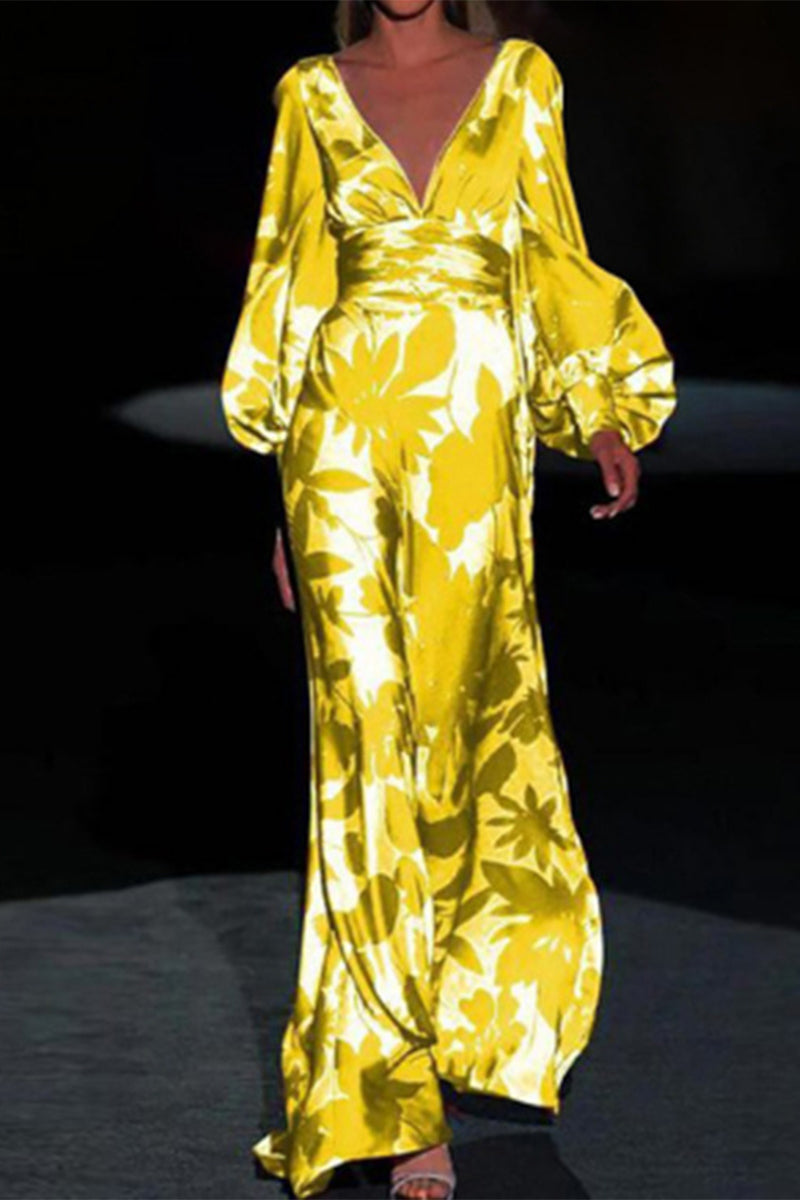 Kaynafashions - Sexy Elegant Print Frenulum V Neck Evening Dress Dresses(4 Colors)