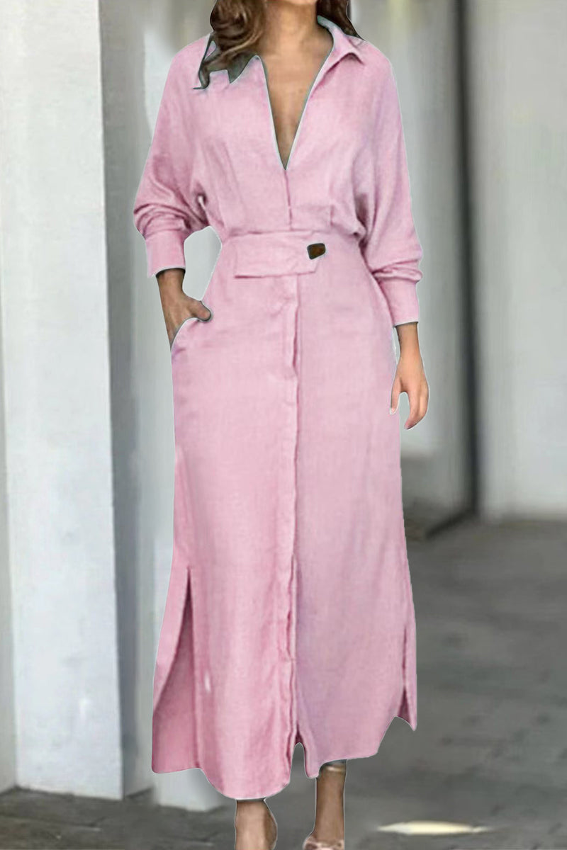 Kaynafashions - Casual Solid Patchwork Turndown Collar Shirt Dress Dresses