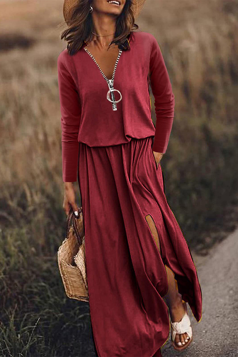 Kaynafashions - Casual Patchwork Zipper V Neck Irregular Dress Dresses